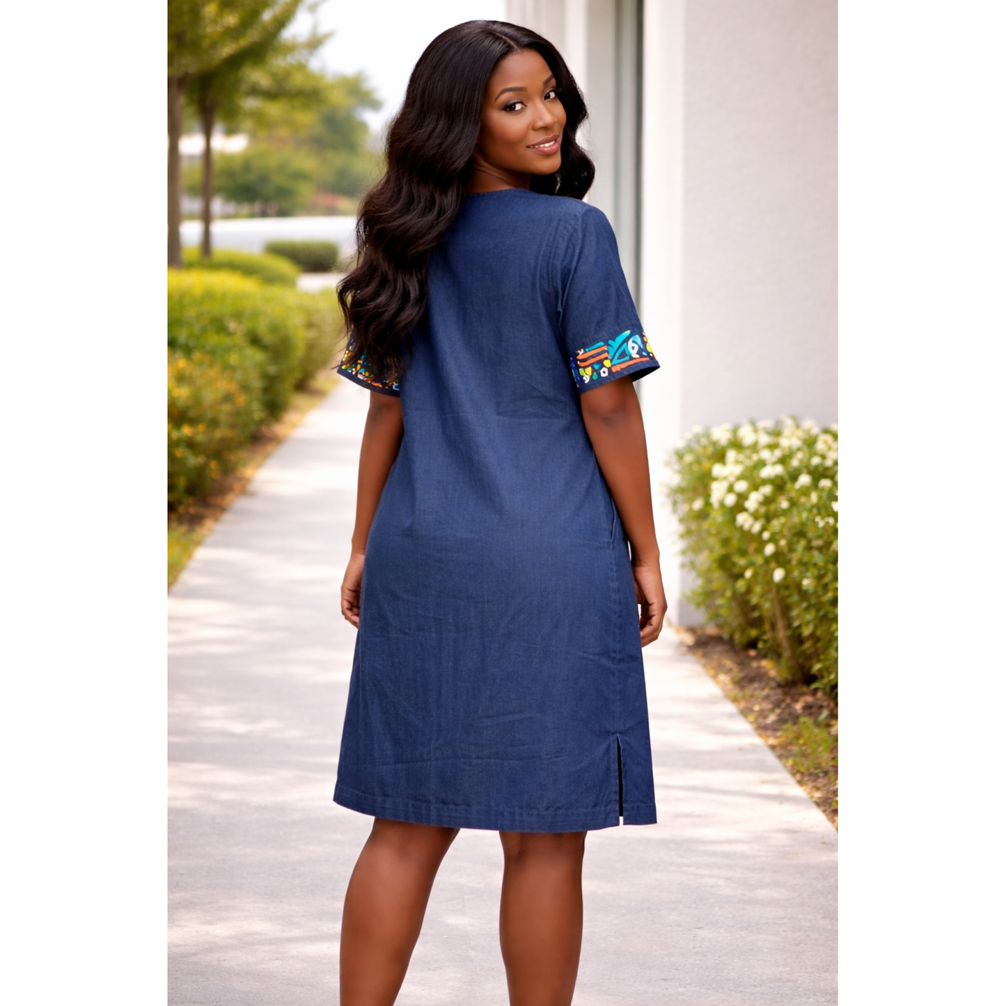 Robe midi patchwork Ankara – Style denim africain