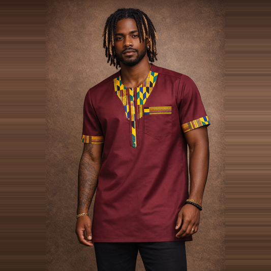 Men’s Burgundy Ankara Trim Heritage Shirt