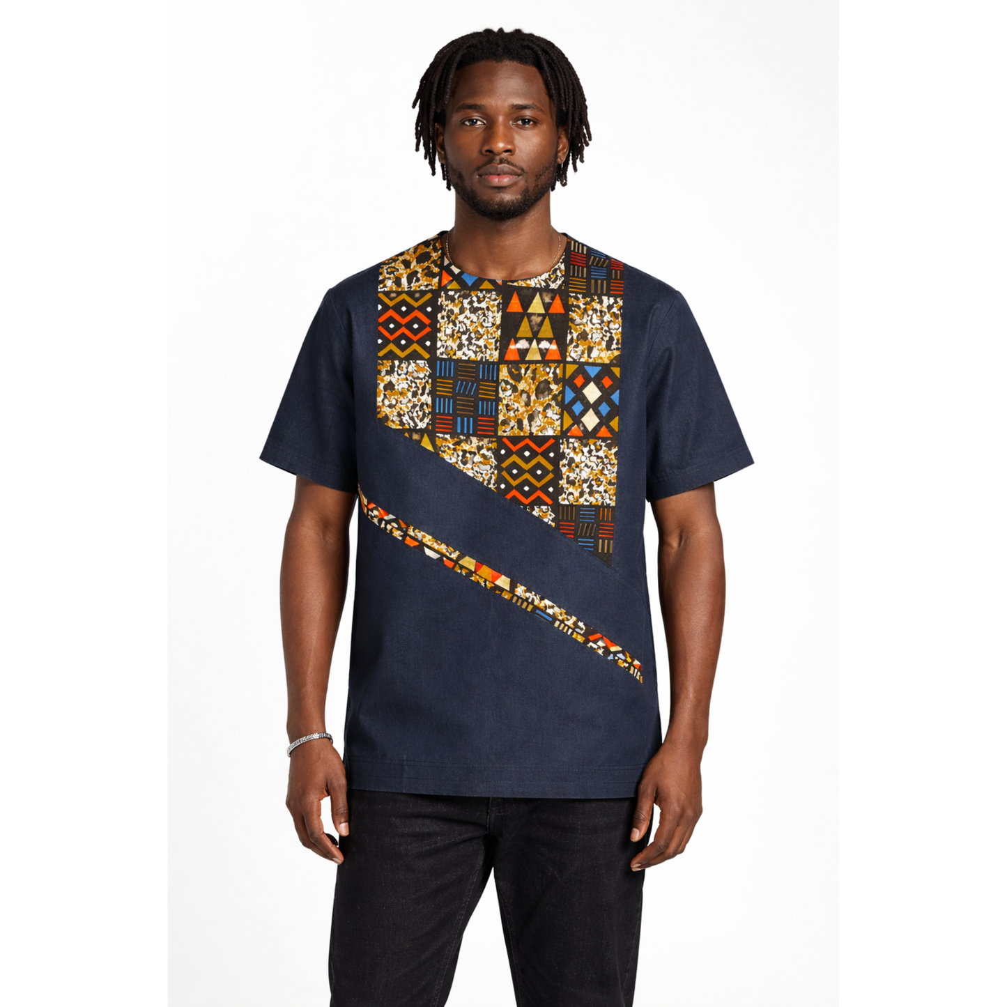 Chemise stretch bleu marine pour homme à imprimé africain – Panneaux Ankara modernes
