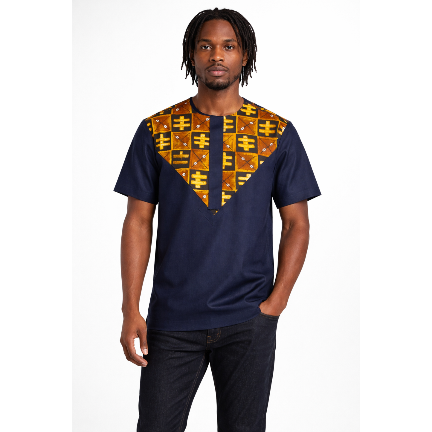 Chemise stretch bleu marine pour homme à imprimé africain – Panneaux Ankara Heritage