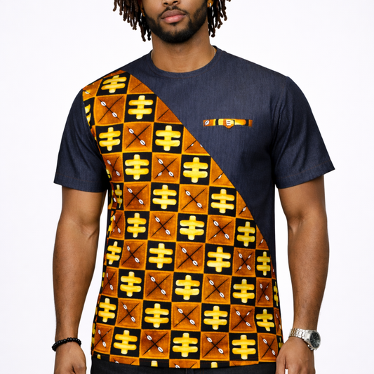 Men’s Navy & Gold African Print Stretch Shirt – Diagonal Ankara Panel
