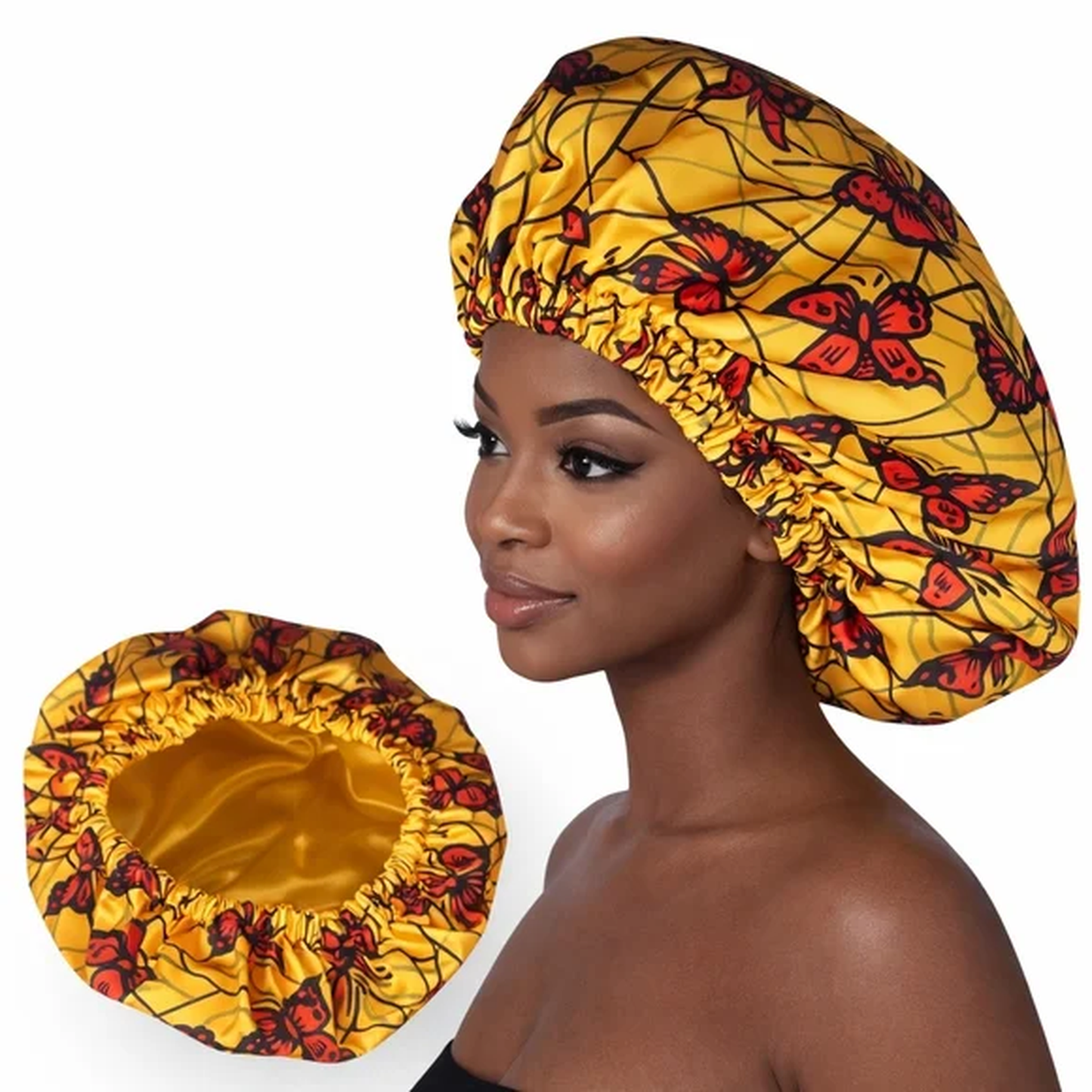 African Butterfly Print Satin Stretch Bonnet – Gold Lined