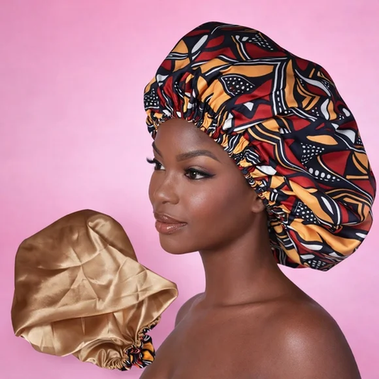 African Print Satin Stretch Bonnet – Gold Lined