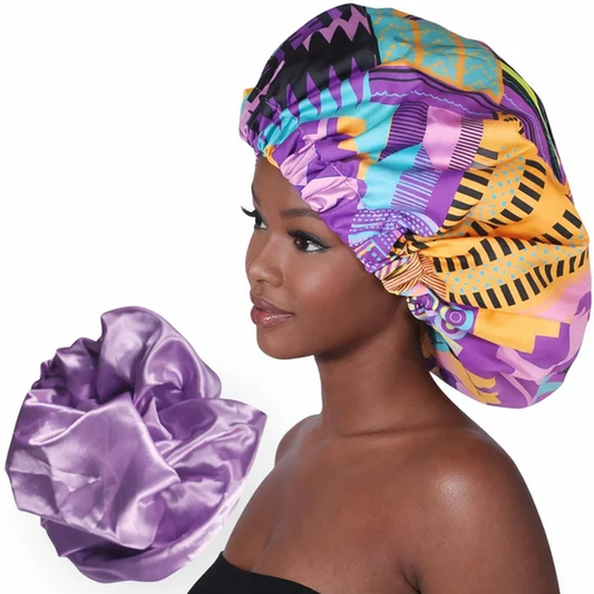African Print Satin Stretch Bonnet – Purple Lined